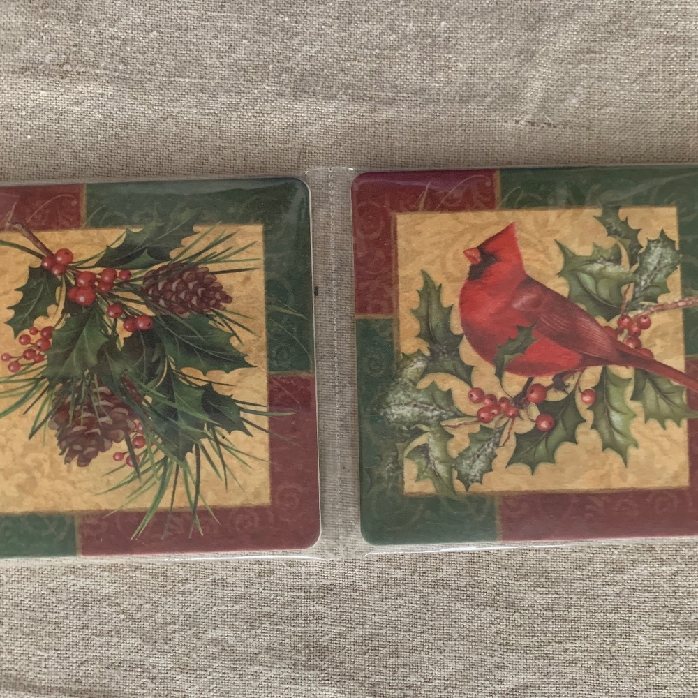Set of 4 Christmas Holiday Coasters – Chickadee, Cardinal, Wreath & Pinecone
